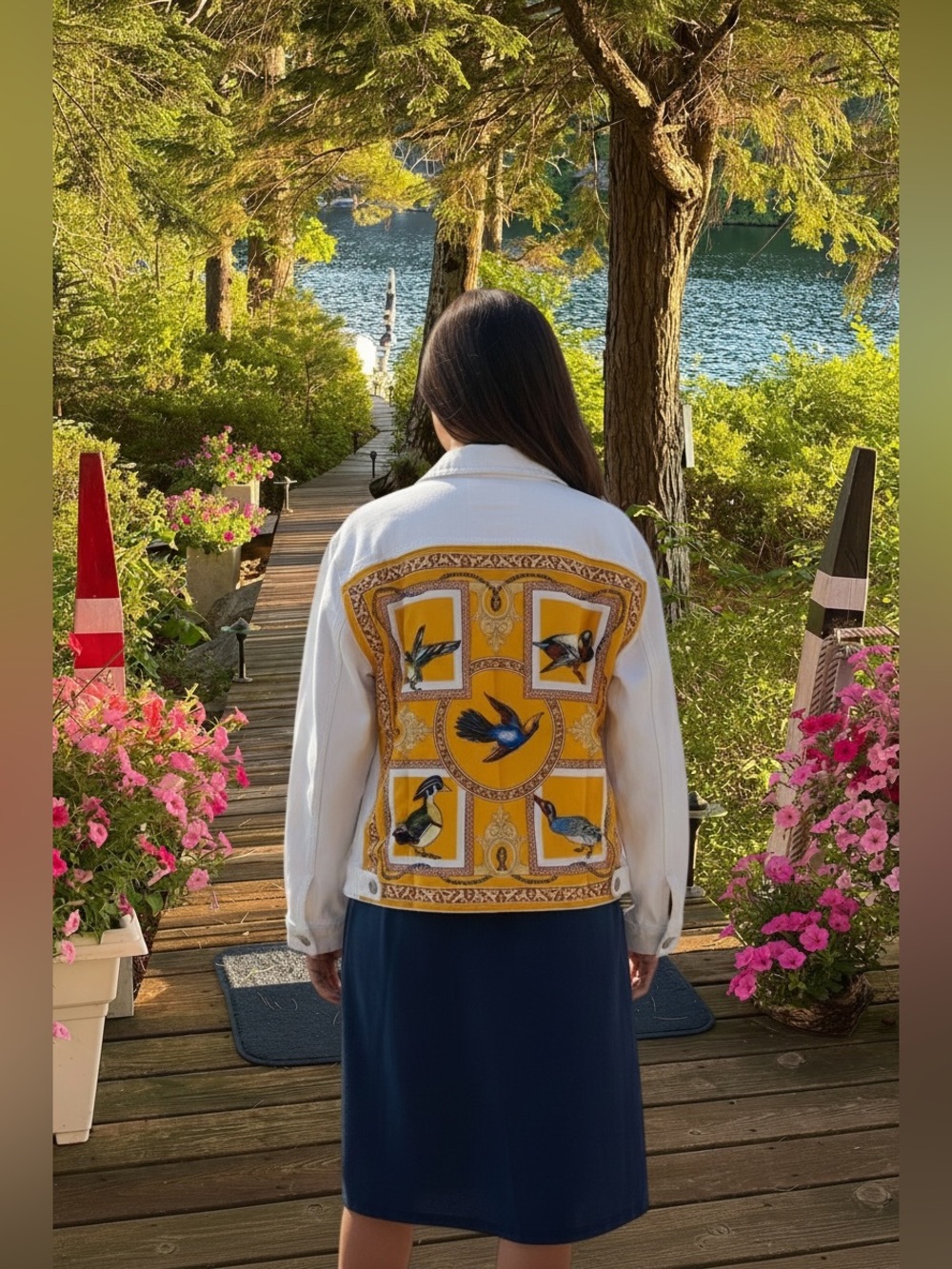 Levi's White Denim Jean Jacket Custom Designed With Duck Scarf
